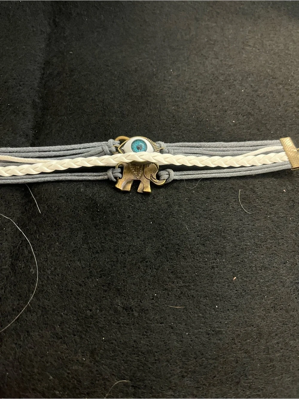 Braided White & Gray Elephant Charm Bracelet with Blue Eye Accent
